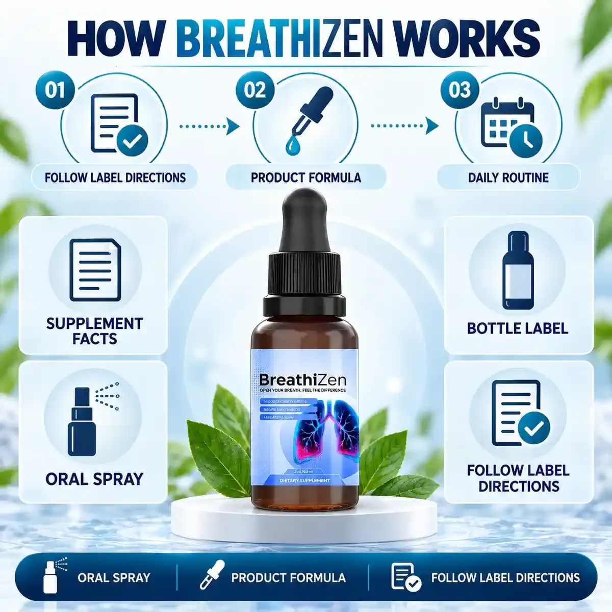 How Breathizen works graphic from the brand: follow label directions, product formula, daily routine, oral spray